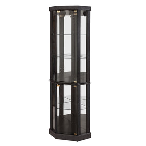 English Elm Lighted Corner Curio Cabinet - Stunning Display Case With Built-In Lighting For Antiques & Wine Storage W1758P300102