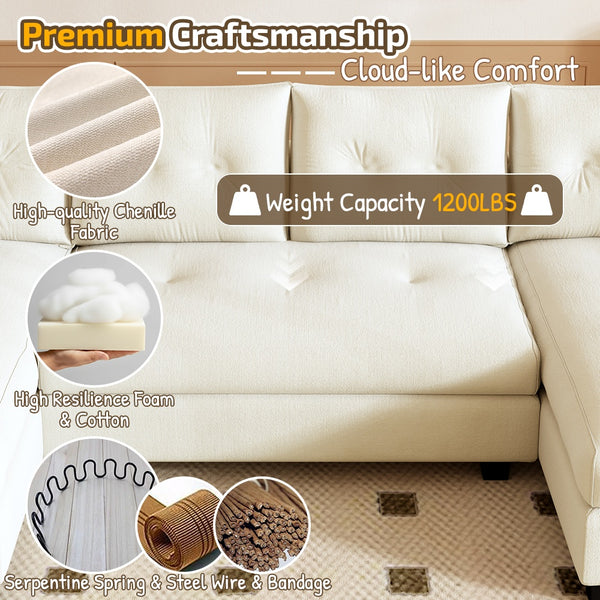 English Elm 104.7" U-Shaped Sleeper Sofa with Pull-Out Bed, Convertible Modular Sectional with Chaise, USB Ports, Chenille Upholstery Beige+White W1885S00211