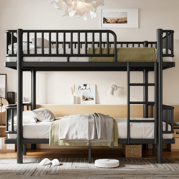 English Elm Twin Over Metal Bunk Bed with Led Lights Usb Ports Drawers and Sofa Conversion Black W5305S00070