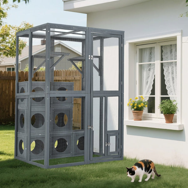 English Elm Catio Outdoor Cat Enclosure Modular Pine Wood Weatherproof Multi-level Feline Play Space N843MP104G