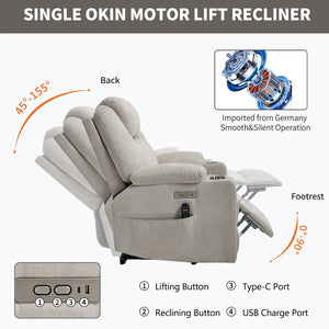 English Elm Up to 350 Lbs Chenille Power Lift Recliner with Massage Heating and Usb Charging Ports Beige W3224S00027
