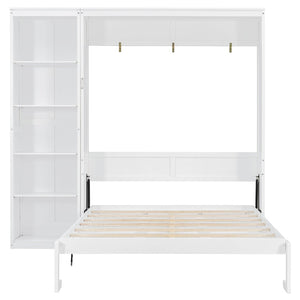 English Elm Queen Murphy Wall Bed with Side Shelving Folds Flush Into Mdf Cabinet for Studio Rooms White LP000697AAK-2