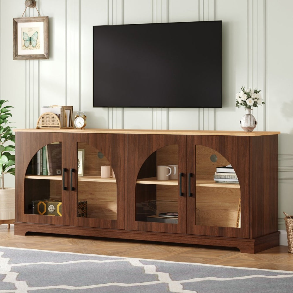 English Elm Farmhouse Media Console with Arched Glass Doors Wood Grain Two Tone Living Room Storage Walnut N721P411204P