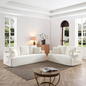 English Elm Boneless Floor Sofa Corduroy Upholstered 5 Seat Low Profile with Cup Holders for Living Room Beige W1117S00437