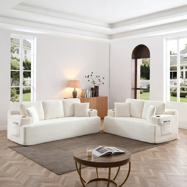 English Elm Boneless Floor Sofa Corduroy Upholstered 5 Seat Low Profile with Cup Holders for Living Room Beige W1117S00437