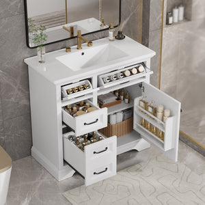 English Elm 36-Inch Modern Bathroom Vanity with Ceramic Basin, 4 Drawers & Soft-Close Door, Pre-Drilled Faucet Ready, Durable MDF and Solid Wood Construction (36"L x 18.3"W x 33.4"H) White N725P296118K