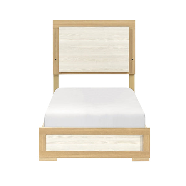English Elm Contemporary LED Panel Queen Bed with Integrated Lighting, Sleek Wooden Frame and Modern Headboard Design Natural,White 45.75 L x 30.75 W x 5.75 H B011S01706