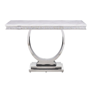 English Elm White Cultured Marble Sofa Table with Mirrored Silver Stainless Steel Frame, 63.5" Wide Elegance B062S00457