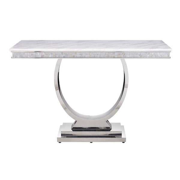 English Elm White Cultured Marble Sofa Table with Mirrored Silver Stainless Steel Frame, 63.5" Wide Elegance B062S00457