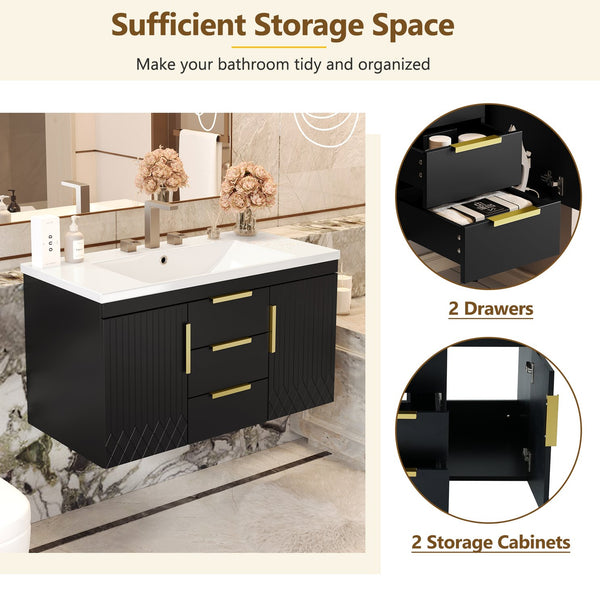English Elm 36'' Wall Mounted Bathroom Vanity with Sink, Floating MDF Cabinet, 2 Drawers, Rust-Resistant Handles Black N710P253035B