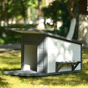 English Elm Outdoor Solid Wood Dog House with Waterproof PVC Roof, Dual Bowls, Lockable 4-Wheel Base, Grey Modern Shelter for Small Pets N843P252402B
