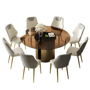 English Elm 59-Inch Modern Round Dining Table Set - Dark Brown Glass Top With Antique Copper Steel Base For 8 W509S00148