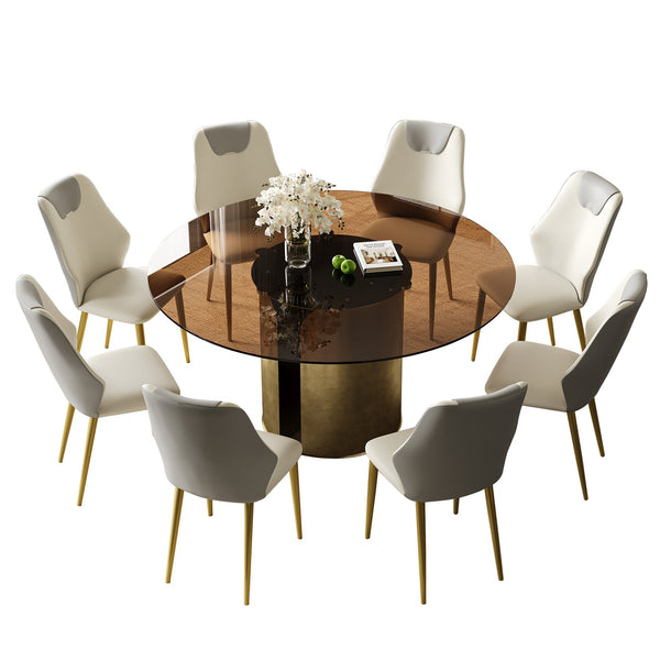 English Elm 59-Inch Modern Round Dining Table Set - Dark Brown Glass Top With Antique Copper Steel Base For 8 W509S00148