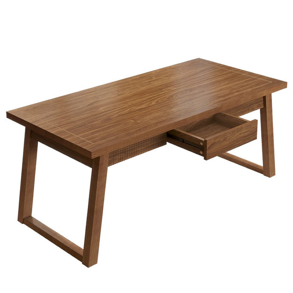 English Elm Rectangular Walnut Dining Table with Hidden Drawer and Tapered Solid Wood Legs Seats Six T3971P447210