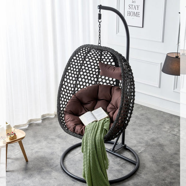 English Elm Egg Swing Chair Freestanding Woven Rattan Basket Seat with Cushion for Patio Bedroom W1512P494633