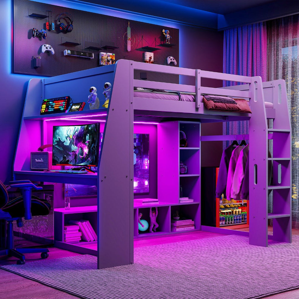 English Elm Wood Full Size Gaming Loft Bed Pine Frame with Led Lighting Desk and Storage Shelves N7090001042E-1