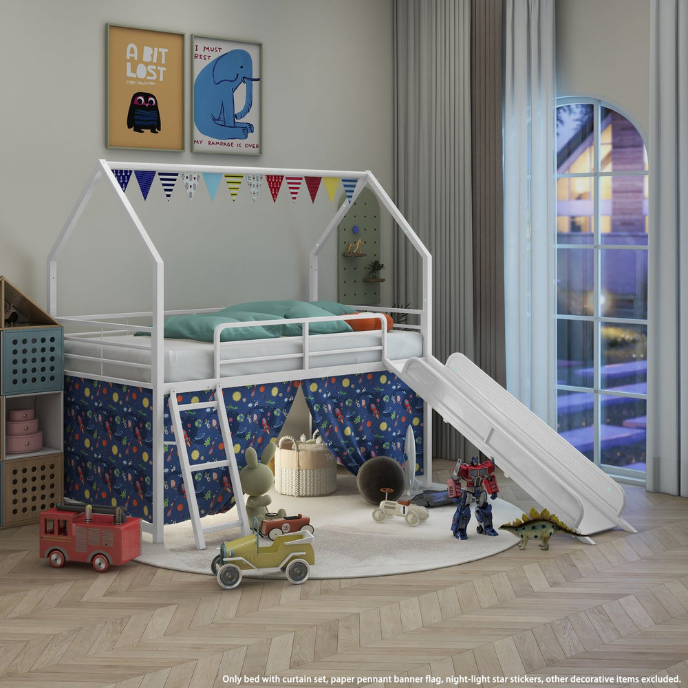 English Elm Jack Metal Junior Twin Loft Bed With Slide, Curtain Set, Pennant Banner & Star Stickers - White/Blue B083P354664