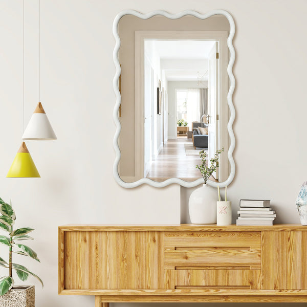English Elm White 24"x36" Wavy Rectangle Solid Wood Frame Mirror - Elegant Bohemian Design, Tempered Glass Clarity W2203P389034