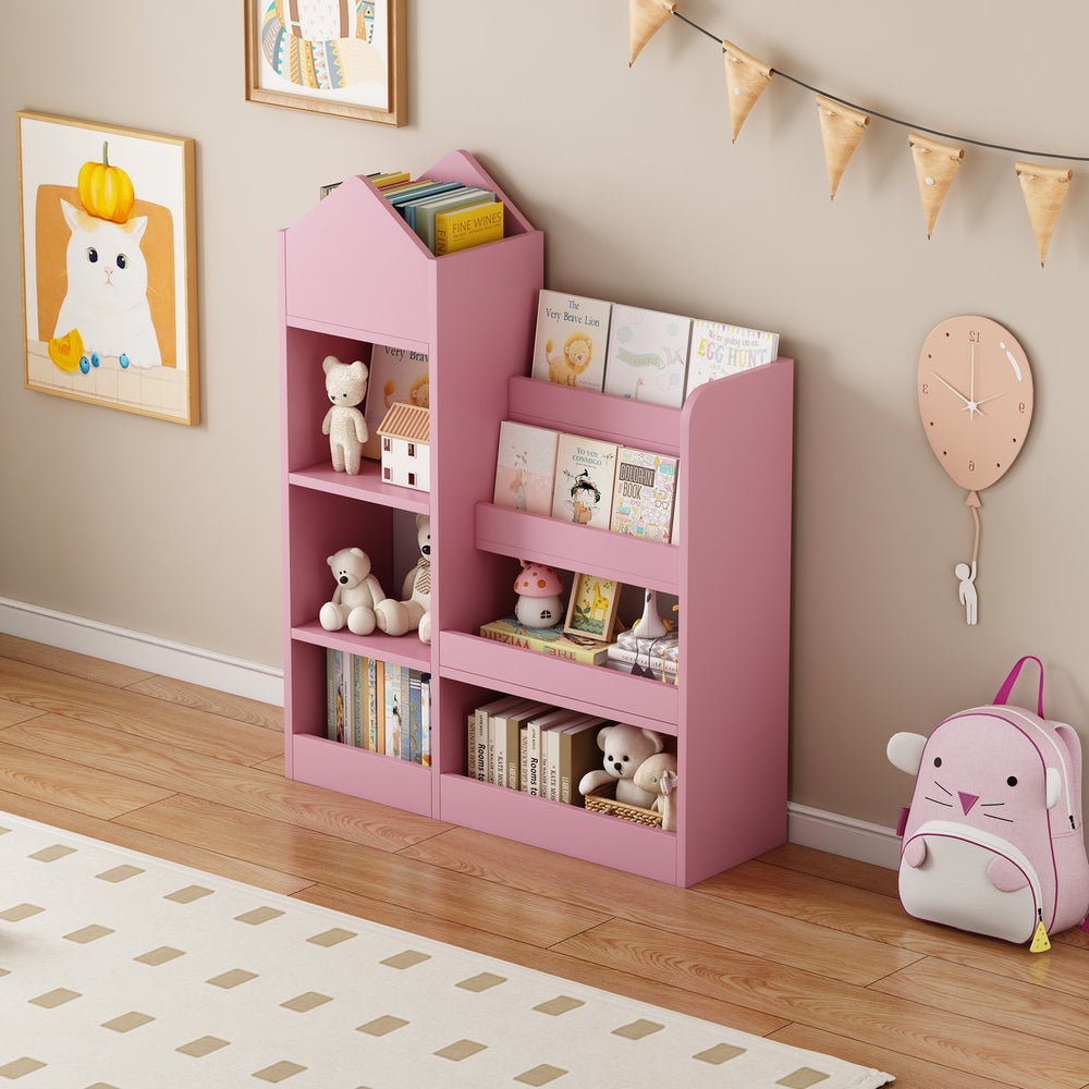 English Elm Pink Kids Wooden Bookshelf Toy Organizer with 6 Compartments, 2 Bins & Cubby Shelves - Sturdy MDF Storage for Nursery W2876P233556