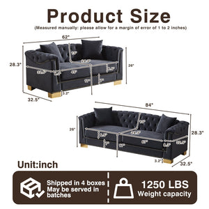 English Elm 3-seater and 2-seater Chesterfield Velvet Sofa Set with Tufted Back Gold Stud Trim Black+Blue W1926S00103