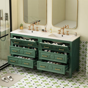 English Elm 60'' Freestanding Bathroom Vanity With Ceramic Sink, Charming Green Finish & Ample Storage Space N710SS00003F
