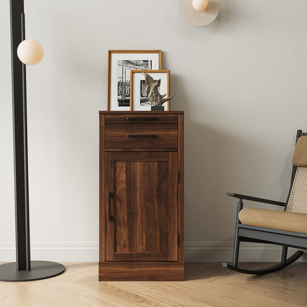 English Elm brown walnut modular wine bar cabinet with hutch, buffet storage, drawer & shelf for dining room W331P213375