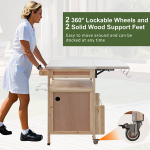 English Elm K&K 40.5" Outdoor Grill Cart with 201 Stainless Top, Solid Fir Storage, Drop Leaf & Lockable Wheels Natural N707P228272Y