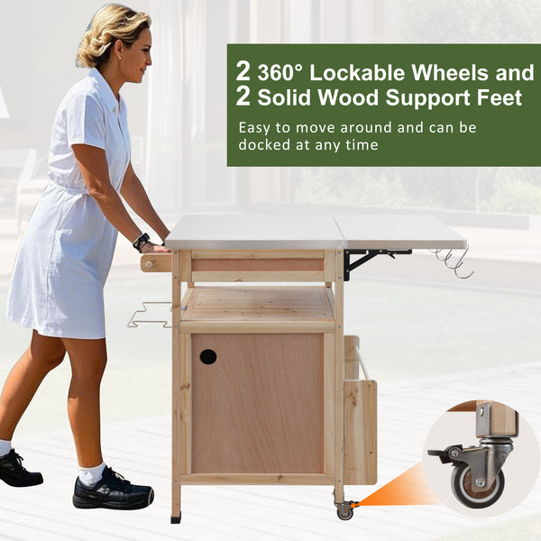 English Elm K&K 40.5" Outdoor Grill Cart with 201 Stainless Top, Solid Fir Storage, Drop Leaf & Lockable Wheels Natural N707P228272Y