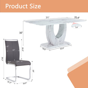English Elm Table Modern Elegant Dining Set - 71" Marble Pattern Top With 6 Dark Gray Pu Chairs & Silver Legs W1151S02118-GIGA