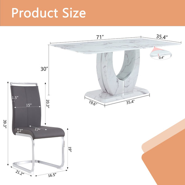 English Elm Table Modern Elegant Dining Set - 71" Marble Pattern Top With 6 Dark Gray Pu Chairs & Silver Legs W1151S02118-GIGA