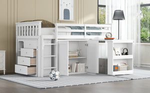 English Elm Twin Loft Bed Rubberwood Frame Pull Out Desk Storage Cabinet and Shelf Kids Room White W504S00288