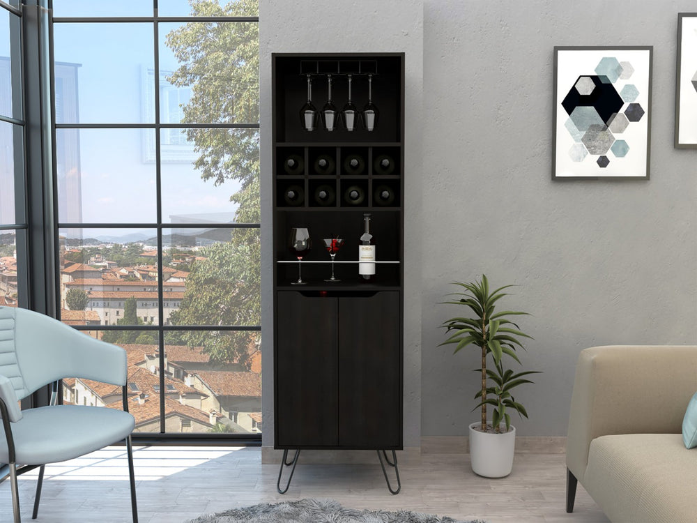 English Elm Sheffield Industrial Bar Cabinet with Eight Bottle Cubbies and Steel Legs for Home Entertaining B128S00158