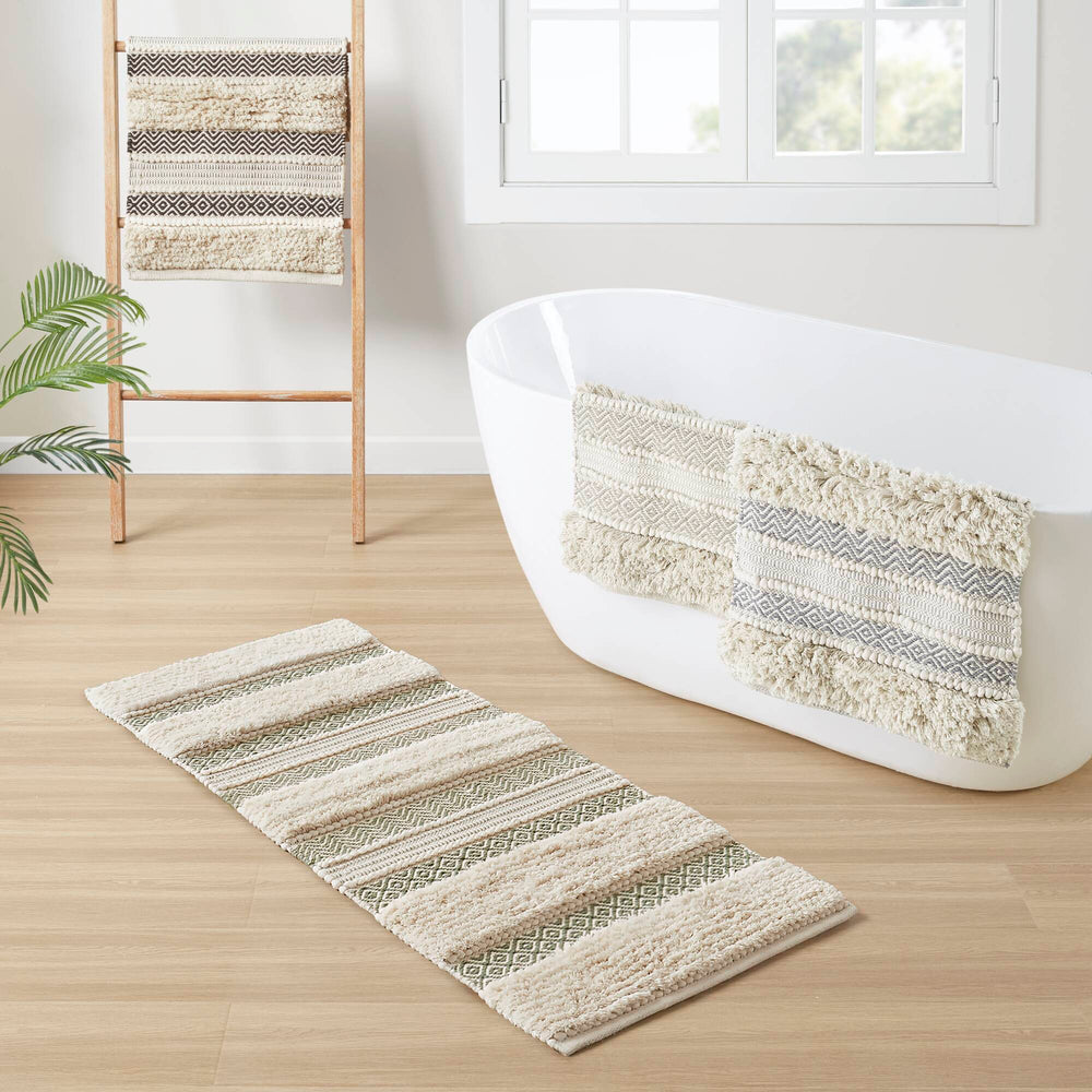 JLA Home INK+IVY - Bath Rug Hand-Woven Shaggy Taupe Geo Stripe Rug with Non-Skid Backing, Machine Washable Boho Chic Sage Green II72-1356