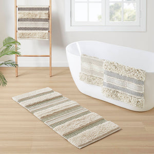 JLA Home INK+IVY - Bath Rug Hand-Woven Shaggy Taupe Geo Stripe Rug with Non-Skid Backing, Machine Washable Boho Chic Sage Green II72-1356