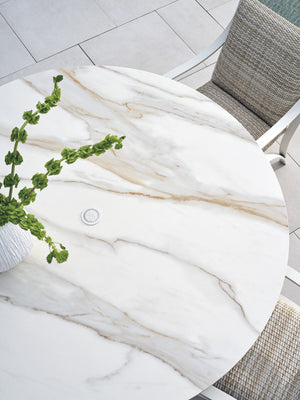 Round Stone Dining Table 60 Inch Sculptural Five Leg Base with Natural Vein Top