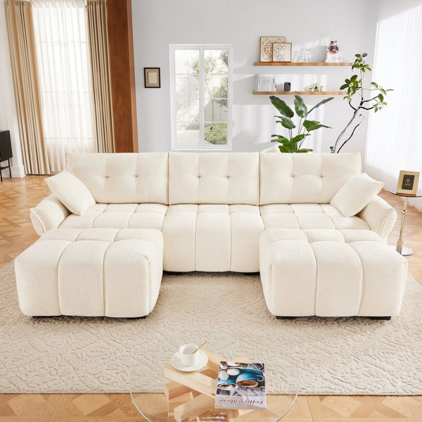 English Elm 3 Seater Chenille Sofa with Ottoman Tufted Arms Solid Wood Frame Lounge Couch White W714S01654