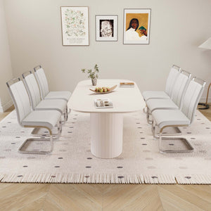 English Elm 63 Inch Mdf Dining Table and Six Pu Leather Chair Set for Modern Interiors W2189S00883