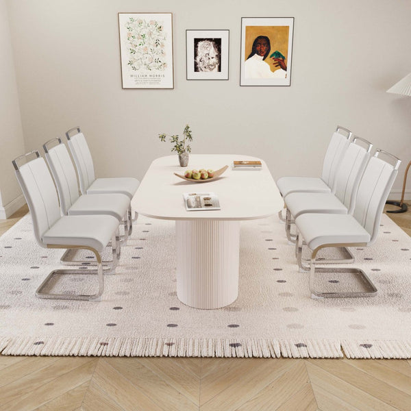 English Elm 63 Inch Mdf Dining Table and Six Pu Leather Chair Set for Modern Interiors W2189S00883