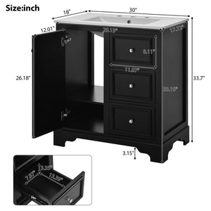 English Elm 30-Inch elegant bathroom vanity with ceramic basin, soft-close drawers, adjustable shelves, durable finish Black N729P176237B