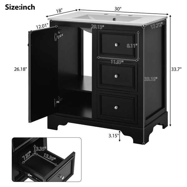 English Elm 30-Inch elegant bathroom vanity with ceramic basin, soft-close drawers, adjustable shelves, durable finish Black N729P176237B