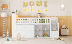 English Elm Twin Loft Bed with Built-In Stairs, Shelves, Hanging Rod & 2 Drawers for Space-Saving Kids Room White 45.87 L x 18.5 W x 10.83 H W2593S00004
