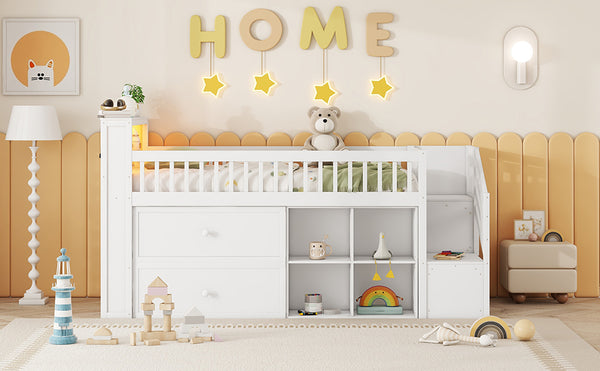 English Elm Twin Loft Bed with Built-In Stairs, Shelves, Hanging Rod & 2 Drawers for Space-Saving Kids Room White 45.87 L x 18.5 W x 10.83 H W2593S00004