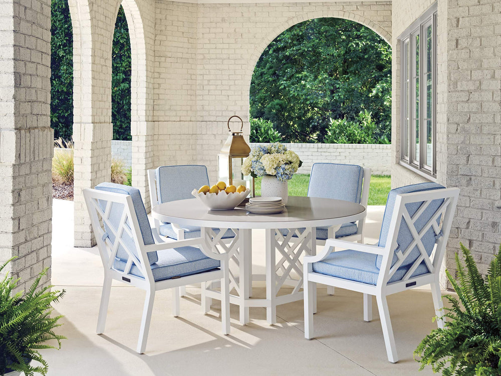 Lexington Round Outdoor Dining Table Chippendale Aluminum Base with Quartz Top Umbrella Ready 3392-870C