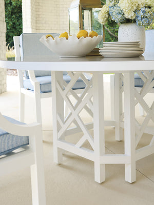 Round Outdoor Dining Table Chippendale Aluminum Base with Quartz Top Umbrella Ready