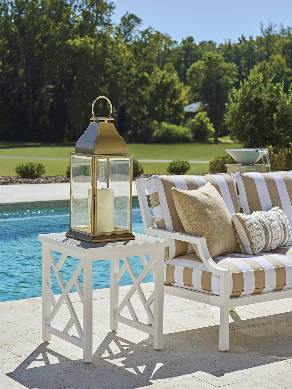 Lexington Square Outdoor End Table Chippendale Fretwork Aluminum Frame with Quartz Top 3392-955