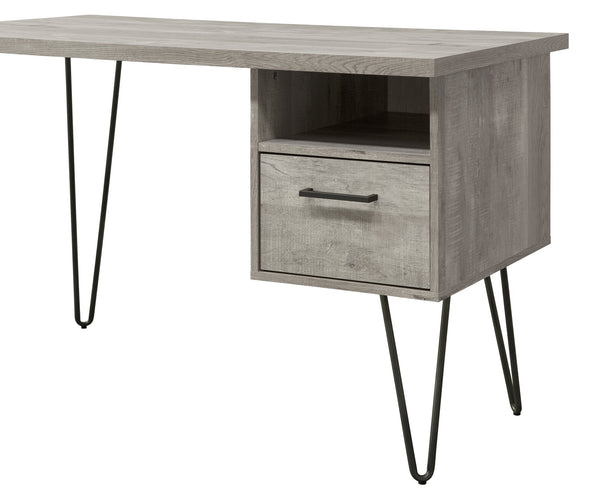 English Elm Grey Oak Desk Gray Wash with Storage Drawer & Shelf, MDF+Metal, Space-Saving Modern Design, Easy Maintenance B2699P237456