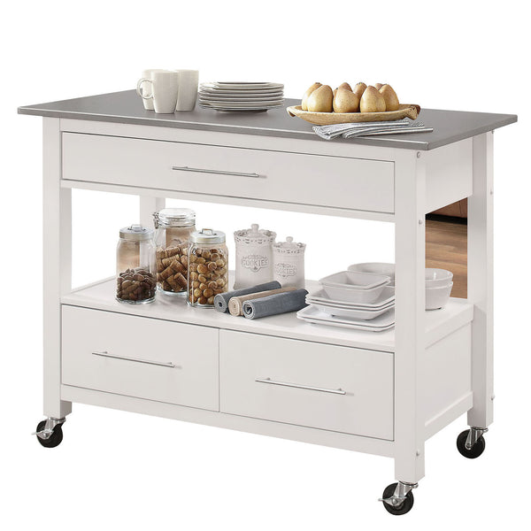 English Elm Stainless Steel Top & White Utility Cart with 3 Drawers, Open Shelf, Locking Casters, Mobile Workspace B062P209304