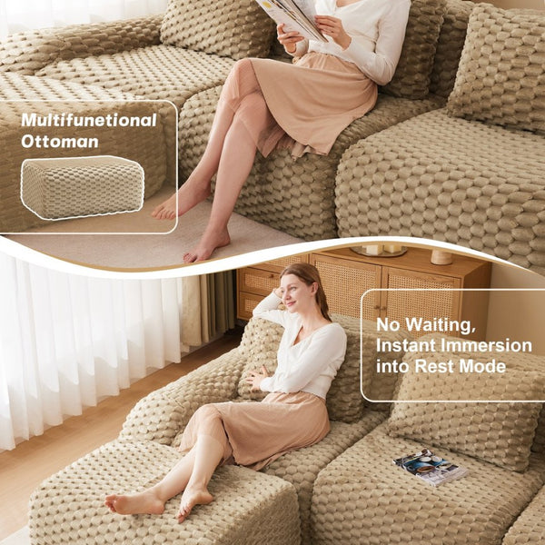 English Elm 114" U-shaped Modular Sectional Flannelette Sofa Oversized Lounge with Movable Ottoman Light Camel W714S01513