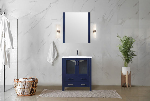 English Elm Navy Blue Bath Vanity With White Ceramic Top, Chrome Faucet & 28 In. Mirror - Stylish & Functional! B2731S01287