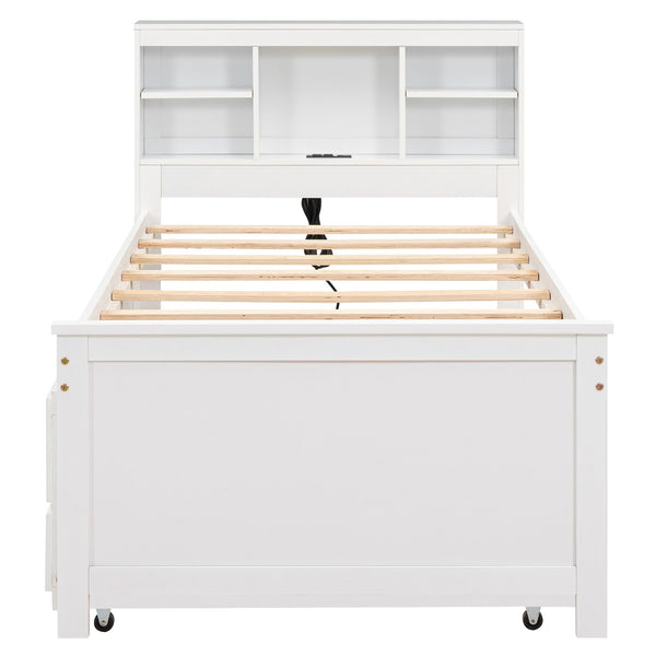 English Elm Twin Platform Bed with Storage Headboard, Pull-Out Trundle & 3 Drawers, USB Ports, Solid Wood Durability White GX000715AAK